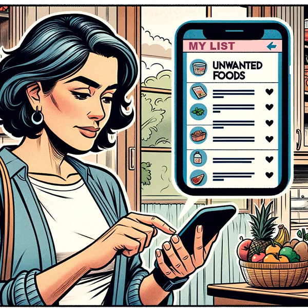 Imagine a lady with her smartphone, double-checking her Scannoli lists before shopping. Visualize the ease of seeing all your dietary restrictions with a simple scan.